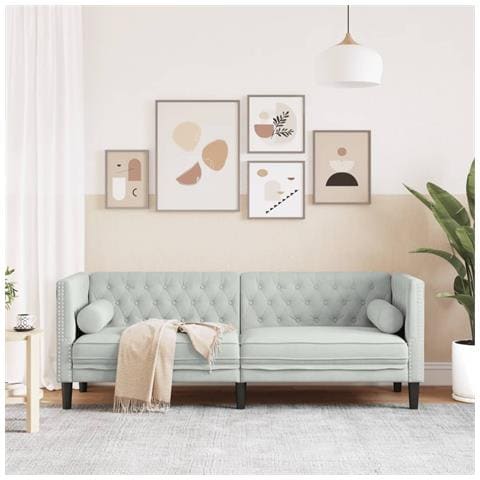 Divano Chesterfield Con Rinforzi 3 Posti Grigio Chiaro Velluto - Foto 3
