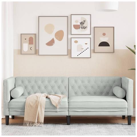 Divano Chesterfield Con Rinforzi 3 Posti Grigio Chiaro Velluto - Foto 1