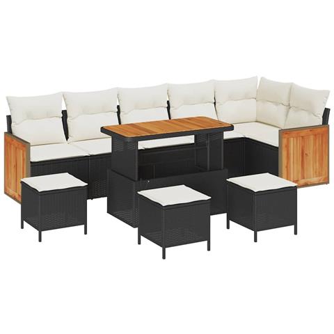 Set di Divani da Giardino 10 Pezzi con Cuscini Nero Polyrattan Acacia, Set di Pranzo da Giardino 4 Pezzi con Cuscini Nero Polyrattan Acacia - Foto 1