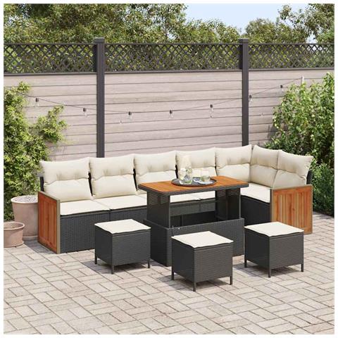 Set di Divani da Giardino 10 Pezzi con Cuscini Nero Polyrattan Acacia, Set di Pranzo da Giardino 4 Pezzi con Cuscini Nero Polyrattan Acacia - Foto 2