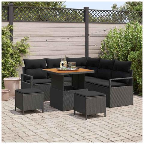 Set di Divano da Giardino  8 Pezzi con Cuscini Nero Rattan Poli Acacia, Divano da Giardino 2 Posti  con Cuscini Nero Rattan Poli, Set da Pranzo da Giardino 3 Pezzi  con Cuscini Nero Rattan Poli Acacia - Foto 2