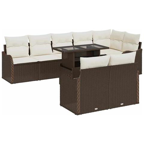 Set divani giardino  9 pezzi con cuscini marrone polyrattan, Divano giardino  2 posti con cuscini marrone polyrattan - Foto 1