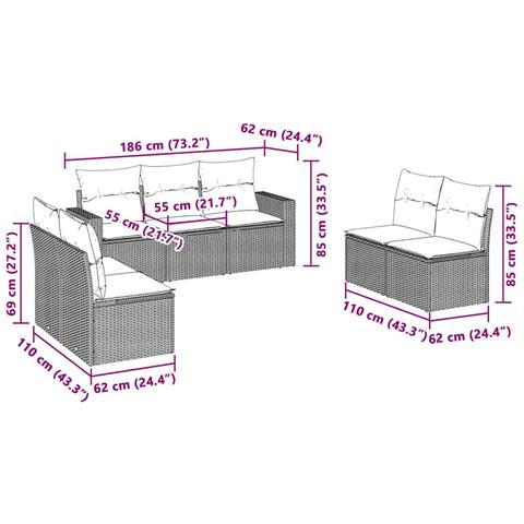 Set Divani da Giardino 7pz con Cuscini Grigio Chiaro Polyrattan - Foto 3