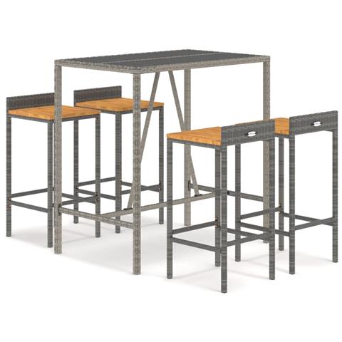 Set Bar Giardino 5pz Grigio Polyrattan e Legno Massello Acacia - Foto 1