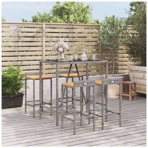 Set Bar Giardino 5pz Grigio Polyrattan e Legno Massello Acacia - Foto 2