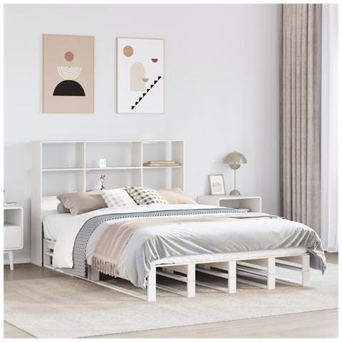 Letto Libreria senza Materasso Bianco 160x200 cm Legno Massello - Foto 2