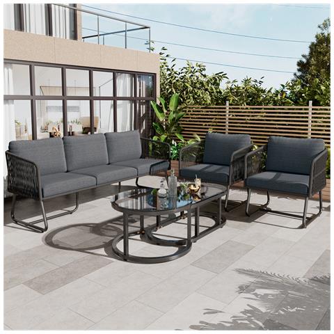 Set Da Giardino Con Telaio In Ferro Zincato, Set Di Mobili Da Giardino In Corda, Piano D'appoggio In Vetro Liscio, Set Di 5 - Foto 1
