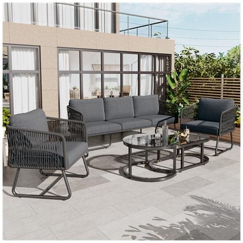 Set Da Giardino Con Telaio In Ferro Zincato, Set Di Mobili Da Giardino In Corda, Piano D'appoggio In Vetro Liscio, Set Di 5 - Foto 4