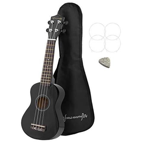 Mondiale Ritmo Soprano Ukulele - Premium Principiante Soprano Uke In Finitura Nera Con Gig Bag Spare Ukulele Strings E Feltro Pick - Equipaggiata Con Le Stringhe Aquila - Foto 1