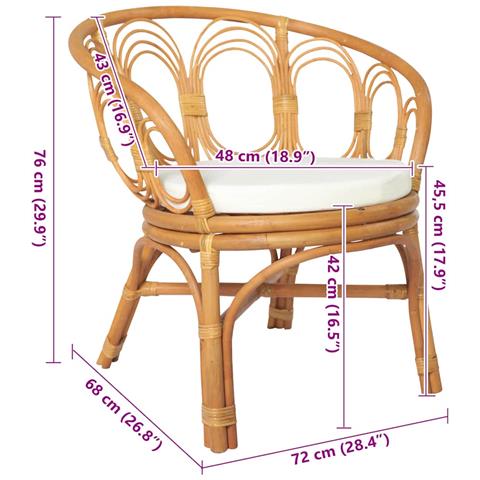 Sedia da Pranzo e Cuscino Marrone Chiaro Rattan Naturale e Lino 72 x 68 x 76 cm - Foto 2
