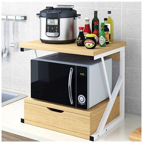 Scaffale Mensola Cucina Mobiletto Porta Microonde Cassetto Metallo Legno Beige - Foto 1