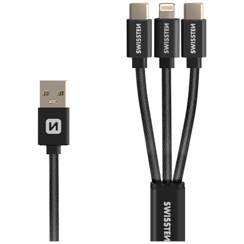 Cavo 3 In 1 Da Usb A Lightning E 2x Usb-c Trasferimento Dati, Nero - Foto 2