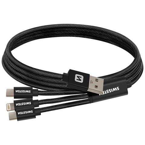 Cavo 3 In 1 Da Usb A Lightning E 2x Usb-c Trasferimento Dati, Nero - Foto 1