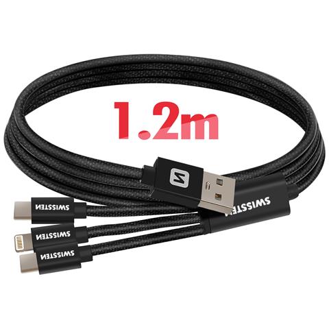 Cavo 3 In 1 Da Usb A Lightning E 2x Usb-c Trasferimento Dati, Nero - Foto 4