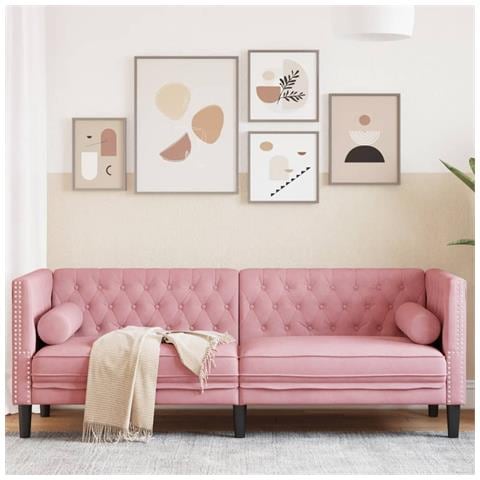 Divano Chesterfield Con Rinforzi A 3 Posti Rosa In Velluto - Foto 1