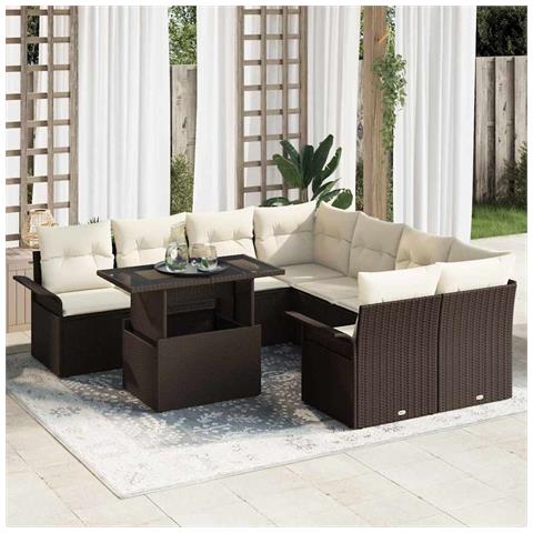 Set Divani Giardino  9 Pezzi con Cuscini Marrone Rattan, Divano Giardino 2 Posti  con Ripostiglio e Cuscini Marrone Rattan - Foto 2