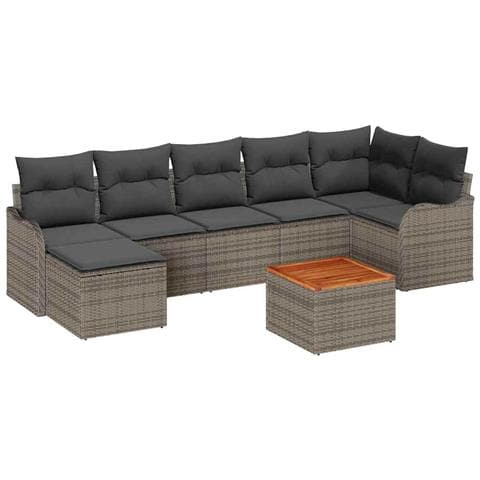 Set Divano da Giardino 8 Pezzi con Cuscini Grigio Polyrattan Acacia, Divano da Giardino 2 Posti con Cuscini Grigio Polyrattan - Foto 1