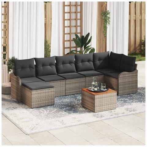 Set Divano da Giardino 8 Pezzi con Cuscini Grigio Polyrattan Acacia, Divano da Giardino 2 Posti con Cuscini Grigio Polyrattan - Foto 2