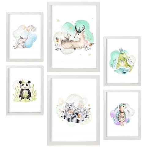 Set Di 6 Stampe Stampa Su Sfondo Bianco Con Temi Di Famiglie Di Animali In Stile Acquerello Pastello Per Design D'interni A3 & A4 Cornice Bianca - Foto 1