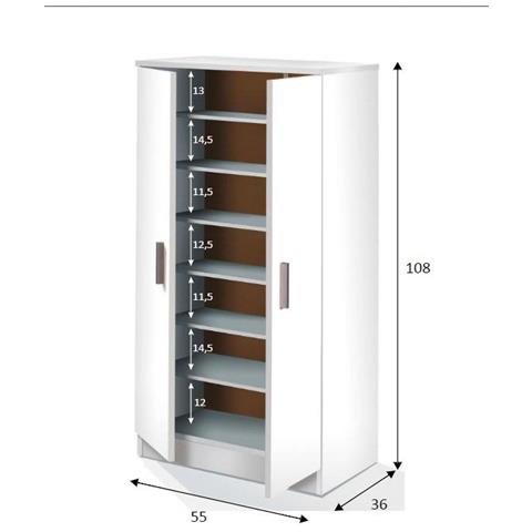 Armadio Multiuso Corona, Mobile Ausiliario A 2 Ante, Mobile Basso Portascarpe Con 6 Ripiani, Scarpiera Moderna, 55x36h108 Cm, Bianco - Foto 4
