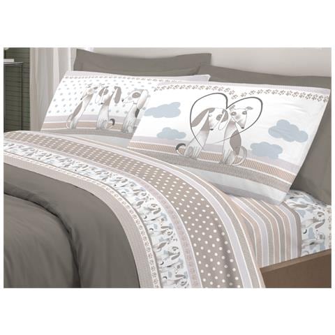 Completo Lenzuola Letto Pensieri Delicati 100% Cotone Dis. Bau Bau Singolo Grigio - Foto 1