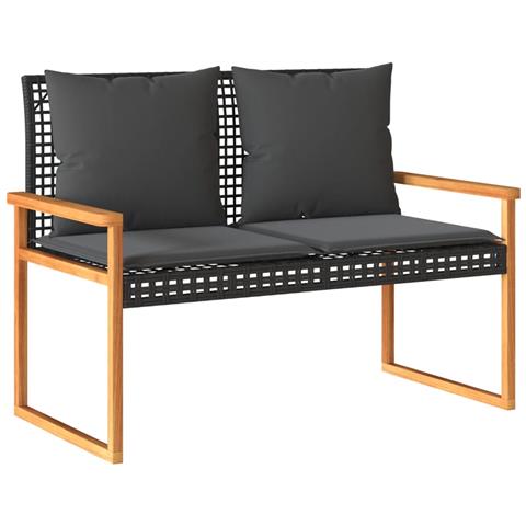 Panca Da Giardino Con Cuscino Nera In Polyrattan E Legno Acacia - Foto 1