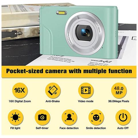 Fotocamera Digitale Da 48 Mp, Fhd 1080p, Zoom 16x, Scheda Di Memoria Da 32 Gb Green - Foto 7