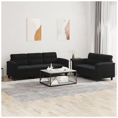 Set Divani 2 Pz Con Cuscini Nero In Tessuto Microfibra - Foto 1