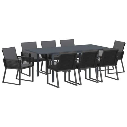 Set da Pranzo da Giardino  9 Pezzi con Cuscini Rattan PE Nero, Tavolo da Giardino Estensibile  Antracite (140-210)x90x73 cm Acciaio - Foto 1