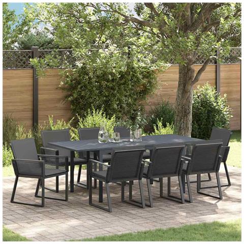 Set da Pranzo da Giardino  9 Pezzi con Cuscini Rattan PE Nero, Tavolo da Giardino Estensibile  Antracite (140-210)x90x73 cm Acciaio - Foto 2