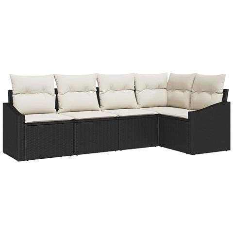 Set divano da giardino da 5 pezzi con cuscini neri in rattan poli - Foto 1