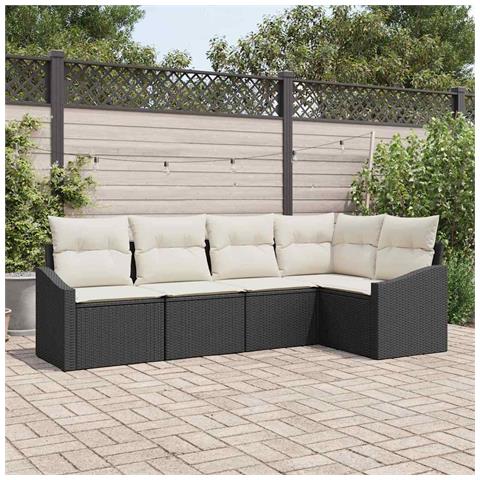 Set divano da giardino da 5 pezzi con cuscini neri in rattan poli - Foto 2