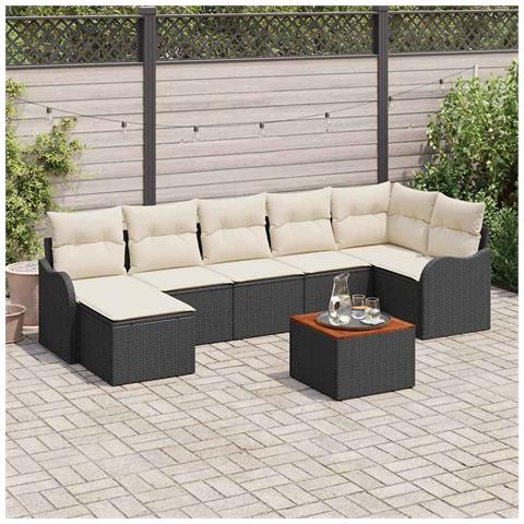 Set Divano Giardino 8 Pezzi Con Cuscini Nero Polyrattan Acacia, Divano Giardino 2 Posti Con Cuscini Nero Polyrattan - Foto 2