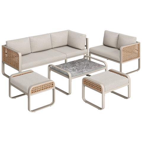 Set Da Giardino, Set Di Mobili In Rattan Per 6-7 Persone, Divano Ad Angolo Con Struttura In Ferro Zincato, Beige - Foto 2