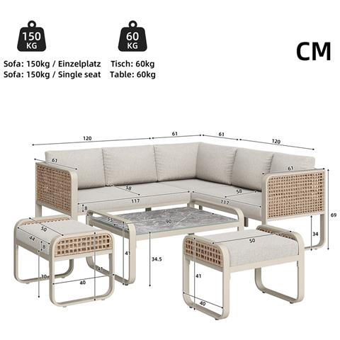Set Da Giardino, Set Di Mobili In Rattan Per 6-7 Persone, Divano Ad Angolo Con Struttura In Ferro Zincato, Beige - Foto 4
