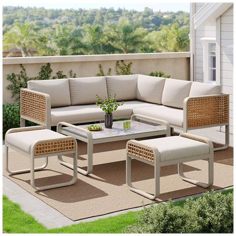 Set Da Giardino, Set Di Mobili In Rattan Per 6-7 Persone, Divano Ad Angolo Con Struttura In Ferro Zincato, Beige - Foto 1