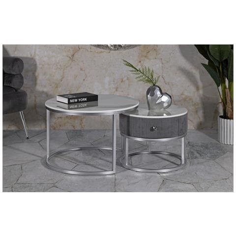 Coppia Tavolini Da Caffè Greys Rotondi In Grigio E Argento Ø70x45 E Ø50x40 Cm - Foto 8