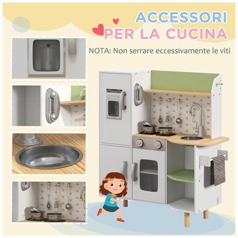 Cucina Giocattolo Per Bambini 3-6 Anni Con Macchina Del Ghiaccio E Utensili, 84x34x89 Cm, Bianco E Verde - Foto 6