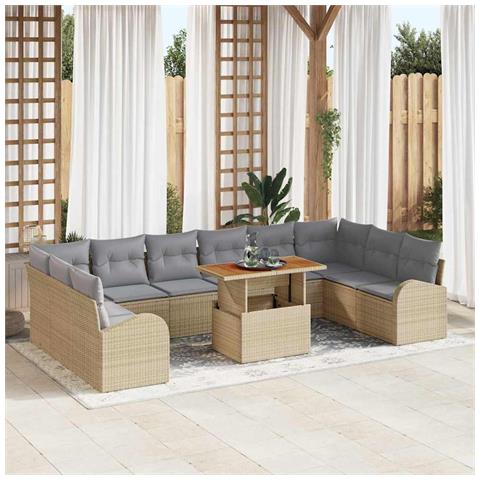 Set da Pranzo Giardino 11 Pezzi con Cuscini Beige Polyrattan Acacia - Foto 2