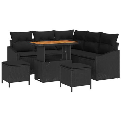 Set di Divano da Giardino  8 Pezzi con Cuscini Rattan Nero Acacia, Divano da Giardino a 2 Posti  con Cuscini Rattan Nero, Set da Pranzo da Giardino  3 Pezzi con Cuscini Rattan Nero Acacia - Foto 1