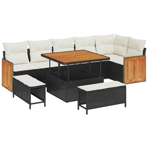 Set divani giardino  9 pezzi con cuscini neri polyrattan acacia, Divano giardino  2 posti con cuscini neri polyrattan, Set pranzo giardino  3 pezzi con cuscini neri polyrattan acacia - Foto 1