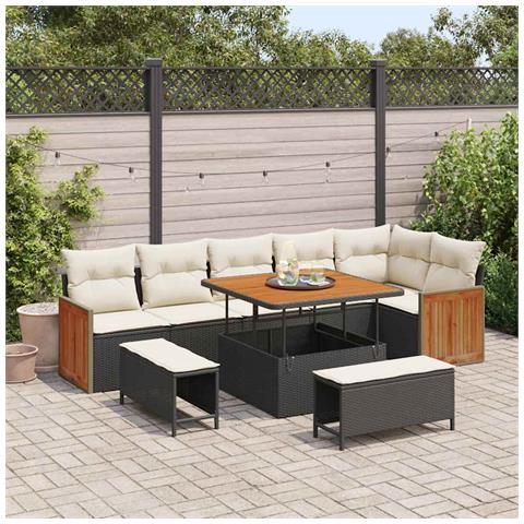 Set divani giardino  9 pezzi con cuscini neri polyrattan acacia, Divano giardino  2 posti con cuscini neri polyrattan, Set pranzo giardino  3 pezzi con cuscini neri polyrattan acacia - Foto 2