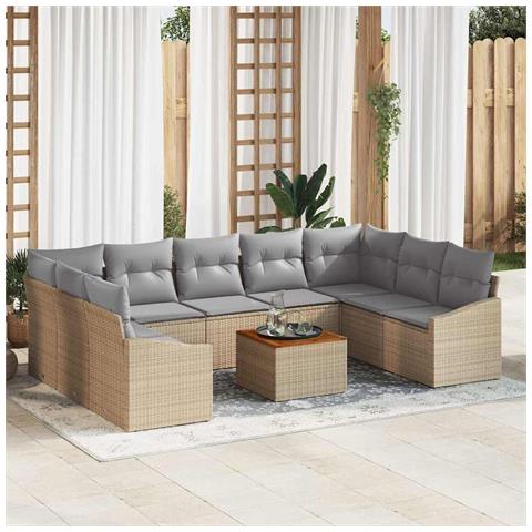 Set Divano da Giardino 10 Pezzi con Cuscini Beige Polyrattan Acacia - Foto 2