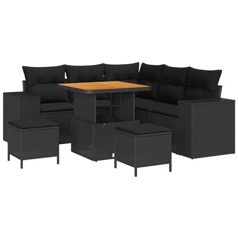 Set Divano Giardino 8 Pezzi con Cuscini Nero Polyrattan Acacia, Set da Pranzo Giardino 3 Pezzi con Cuscini Nero Polyrattan Acacia - Foto 1