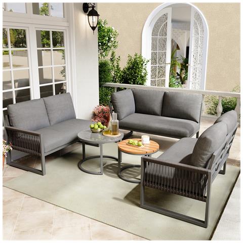Set Da Giardino, Set Di Mobili Per 6-7 Persone, Divano Ad Angolo Con Struttura In Ferro Zincato, Grigio - Foto 1