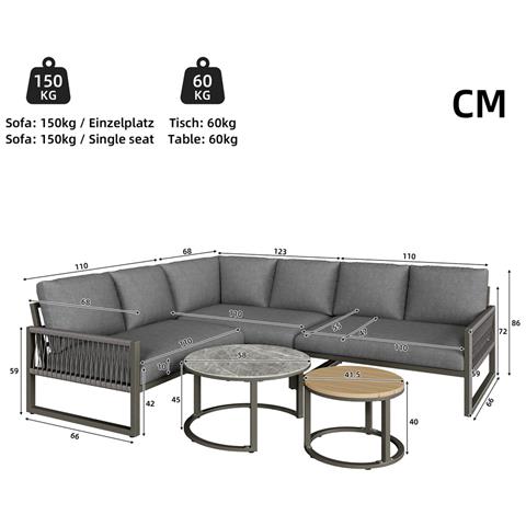 Set Da Giardino, Set Di Mobili Per 6-7 Persone, Divano Ad Angolo Con Struttura In Ferro Zincato, Grigio - Foto 2