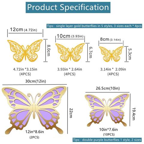 Adesivi Murali Farfalle 3d Decorativi Oro E Viola 72 Pezzi - Foto 5