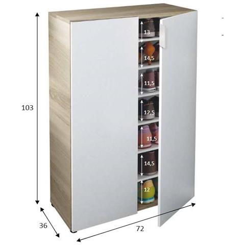 Armadio Multiuso Olathe, Mobile Ausiliario A 2 Ante, Guardaroba Basso Portascarpe Con 6 Ripiani, Scarpiera Bassa, 70x36h103 Cm, Rovere E Bianco - Foto 4