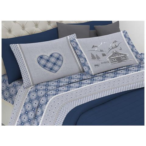 Completo Lenzuola Flanella Pensieri Delicati 100% Cotone Disegno Chalet Matrimoniale Blu - Foto 1