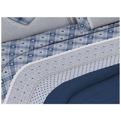Completo Lenzuola Flanella Pensieri Delicati 100% Cotone Disegno Chalet Matrimoniale Blu - Foto 5
